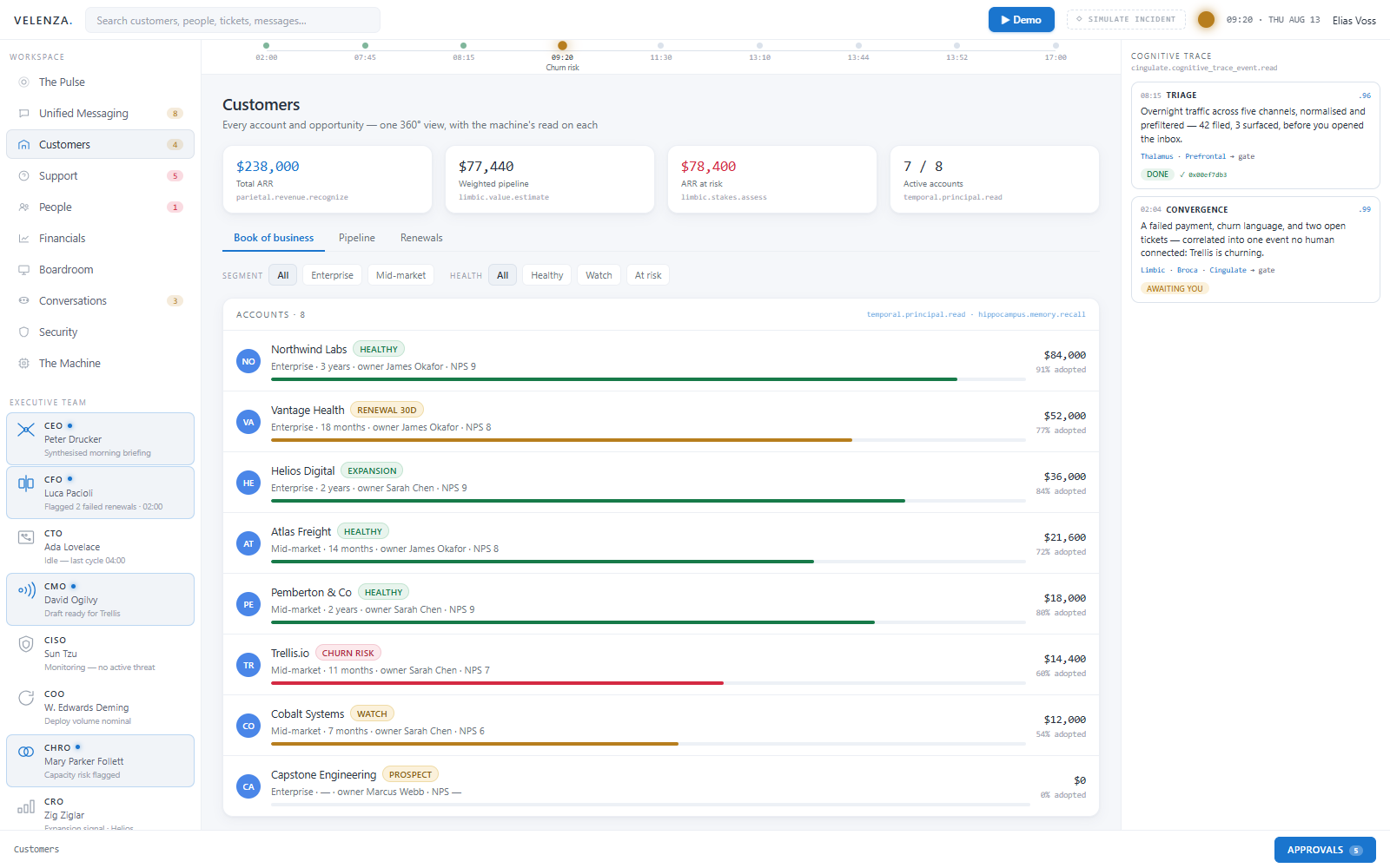Velenza customer portfolio showing account health, adoption, revenue, and active commercial context